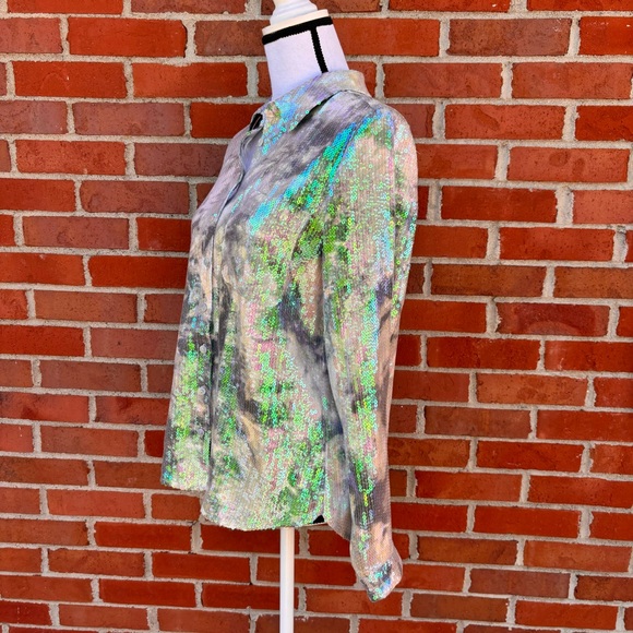Cache Button Front Sequin White Grey Green Blue Shimmer Top Women's Small - Picture 2 of 7